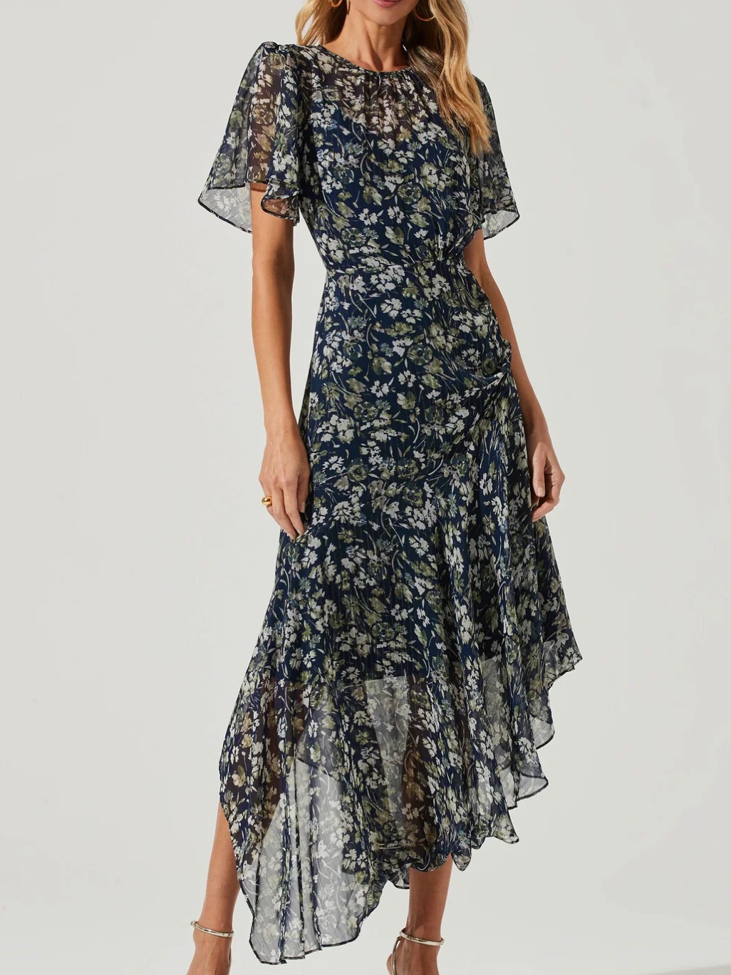 Astr Floral Navy Asymmetrical Chiffon Midi Dress Nwot